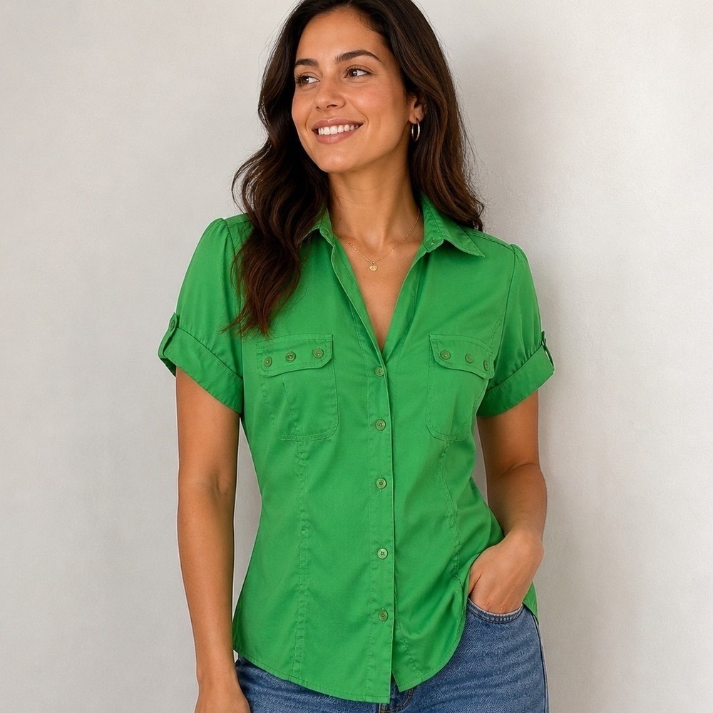 Antilia Femme Button Down Shirt Medium Green Puff Sleeve Stretch Utility